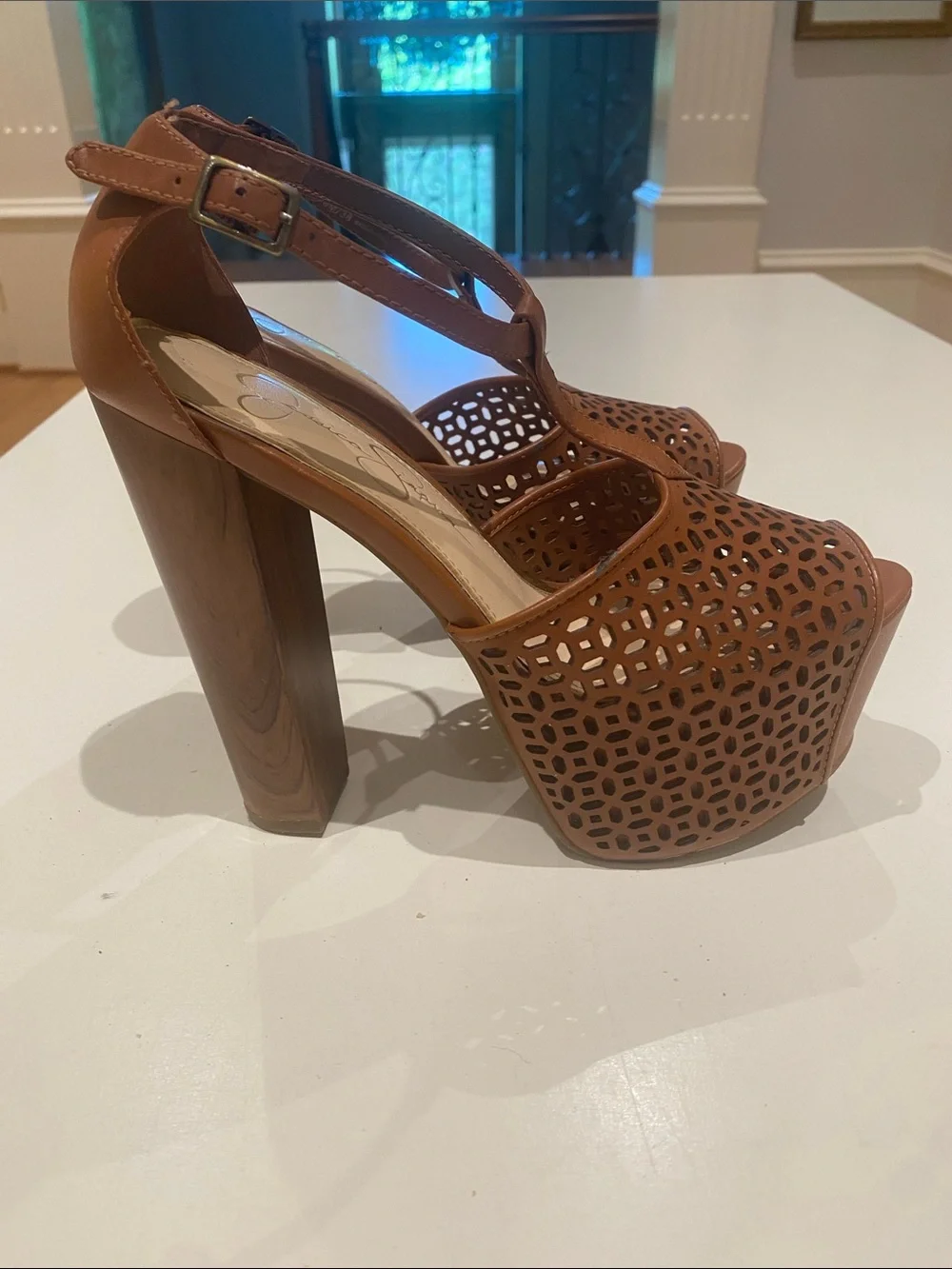 Jessica Simpson Tan Laser-Cut T-Strap Platform Sandals